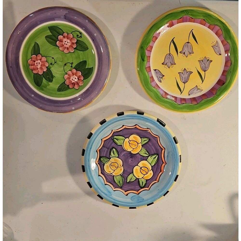 Milson and Louis 3 Plates Flowers Hand Painted Plate 8 in Blue Purple Pink Green